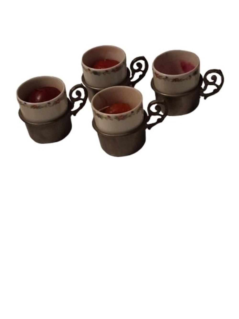 VTG Set Of 4 Tea Cups, Greman Porclien with Pewter Holder, 1960's Marked